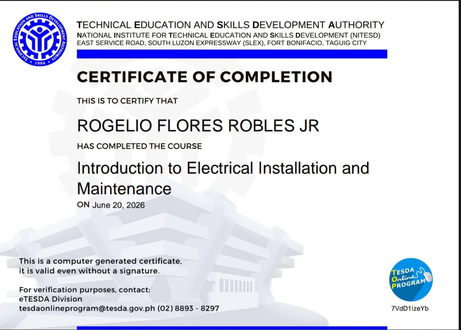 TESDA certificate: Introduction to Electrical Installation and Maintenance