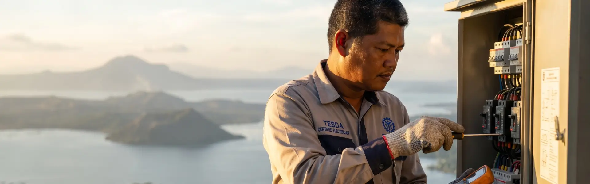 TESDA certified electrician working on an electrical panel overlooking Taal Lake in Tagaytay