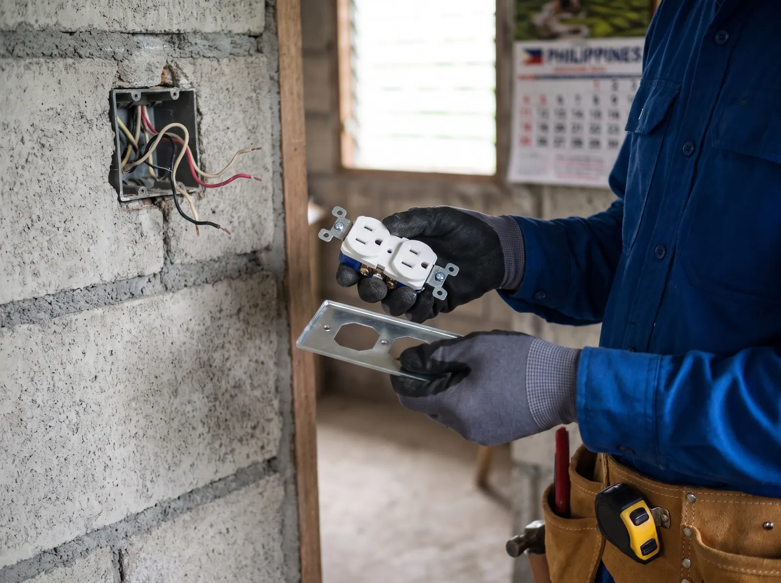 Electrician installing a wall outlet or light switch, wiring device and cover plate in hand against an open wall box.